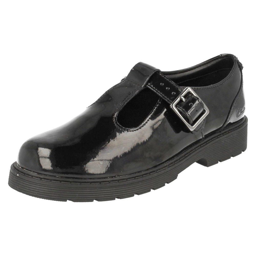 Clarks T-Strap Mary Jane “Purley Go” Black Patent Loafers
